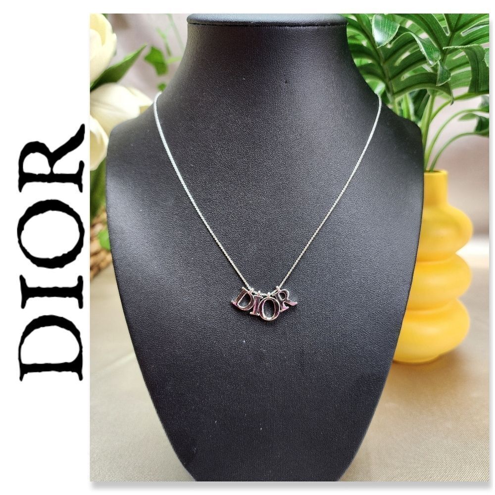 Authentic Christian Dior Metal Logo Necklace Silver W/ Dior Notebook